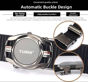 Close-up of gunmetal automatic buckle and black nylon woven belt with quick unlock