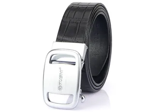 Close-up of black crocodile embossed leather belt with silver brushed automatic buckle