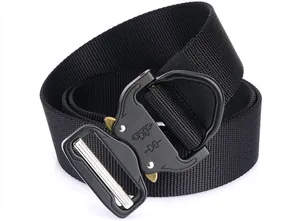 Close-up of heavy-duty black nylon tactical belt with metal quick-release buckle