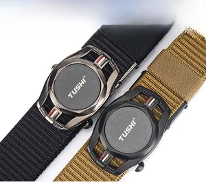 Detail of tactical nylon belts in black and khaki with round metal watch-style buckles