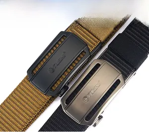 Close-up of black and khaki nylon tactical belts with matte metal automatic buckles