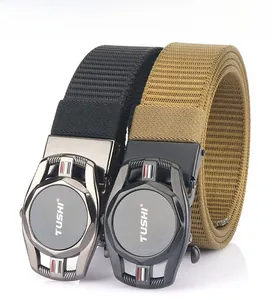Detail of black and khaki nylon woven belts with TUSHI metal automatic buckles