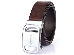 Detail of brown crocodile embossed leather belt with brushed silver automatic buckle
