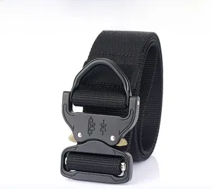 Close-up of durable black nylon tactical belt with quick-release metal buckle
