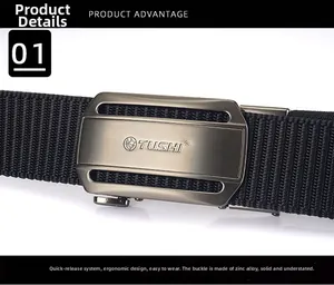 Detailed close-up of a brushed zinc alloy quick-release buckle on a black nylon belt