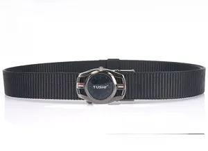 Detailed view of black nylon tactical belt with metallic automatic buckle and TUSHI logo