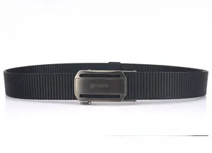 Detail view of durable black nylon belt with a metal quick-release automatic buckle