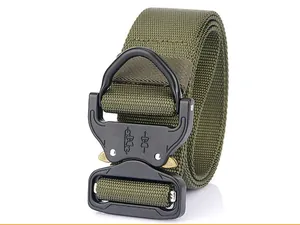 Detailed view of heavy duty army green nylon tactical belt with black metal D-ring buckle