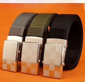 Detail showing tactical nylon belts with checkered pattern metal buckles in three colors