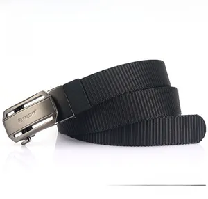 Close-up of durable 3.5cm thick nylon tactical belt with a brushed metal automatic buckle
