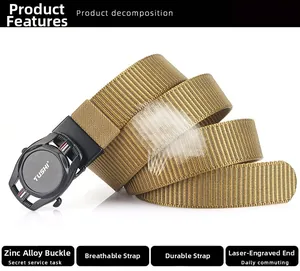 Close-up of wolf brown nylon belt with black zinc alloy buckle and laser-cut edge detail