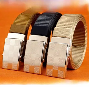 Detailed view of nylon tactical belts with brushed checkered alloy automatic buckles