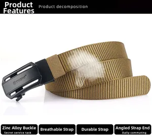 Detail of khaki nylon tactical belt showing zinc alloy buckle and breathable woven texture