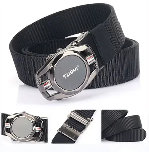Close-up of durable black nylon woven belt with gunmetal automatic buckle detail