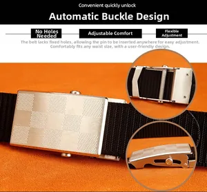 Detail of checkered automatic metal buckle on black nylon woven outdoor tactical belt