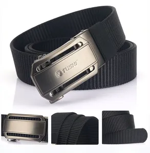Detail of 3.5cm black nylon canvas belt with brushed gunmetal automatic buckle