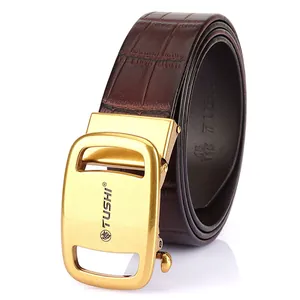 Brown crocodile pattern leather belt for men with golden metal automatic buckle