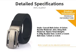 Detail of gray zinc alloy automatic buckle with textured black nylon canvas belt strap