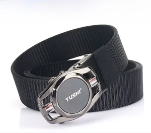 Detail of 3.5cm black nylon web belt with charcoal grey metal automatic buckle