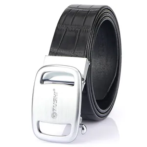 Men's leather belt with crocodile texture, automatic silver buckle and TUSHI logo