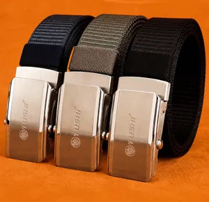 Close-up of durable nylon woven belts with brushed stainless steel slide buckles