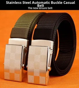 Detailed view of heavy duty nylon belts with checkered stainless steel auto-buckle