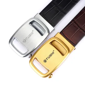 Men's leather belts with textured crocodile pattern and letter automatic metal buckles