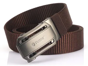 Close-up of brown nylon canvas belt showing the brushed metal automatic buckle and texture