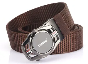Detail view of woven brown nylon strap and gunmetal automatic buckle with tricolor stripe