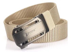Detailed macro view of khaki nylon tactical belt featuring matte zinc alloy automatic buckle