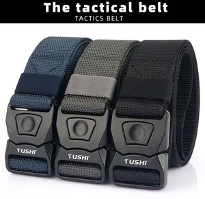 Three tactical nylon belts in navy, grey, and black with quick-release buckles