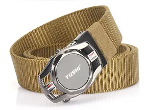Detail of khaki nylon web belt with matte dark grey automatic buckle and logo