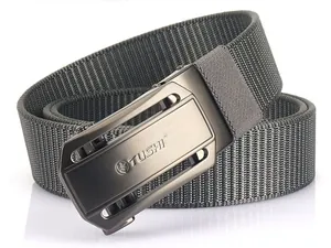 Detail view of the gunmetal automatic buckle and textured nylon weave on the outdoor belt