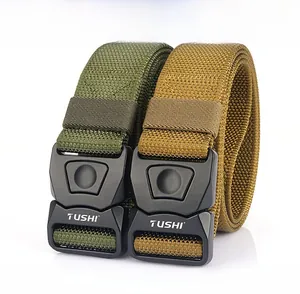 Detail view of military tactical nylon belts with quick release buckles in olive and khaki