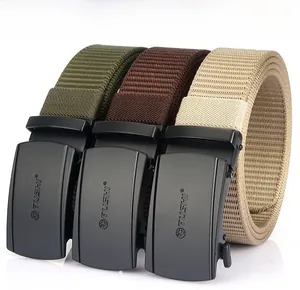 Nylon canvas belts in khaki, coffee, and army green with matte black auto-buckles
