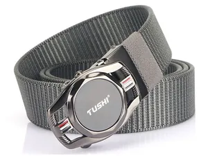 Detail of grey nylon woven belt with matte metal buckle and red white blue stripes