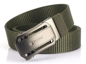 Detailed close-up of a tactical nylon belt featuring a matte metal automatic buckle