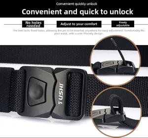 Detail of tactical nylon belt showing quick-release buckle and holeless adjustable strap