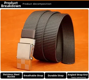 Detailed view of dark brown nylon belt with stainless steel buckle and grid texture