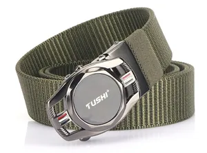 Detail of army green nylon tactical belt with matte grey automatic metal buckle