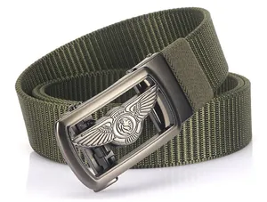Close-up of army green tactical nylon belt with durable metal buckle and textured weave