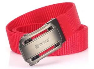 Close-up of red nylon belt texture with gunmetal gray automatic sliding buckle