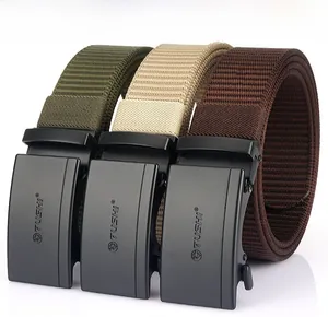 Detailed view of woven nylon belts in army green, beige, and brown with automatic buckles