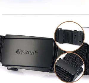 Detail of black nylon tactical belt with matte automatic buckle and adjustable mechanism