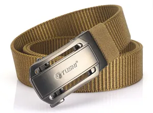 Detailed view of khaki nylon belt with brushed alloy automatic buckle and textured strap