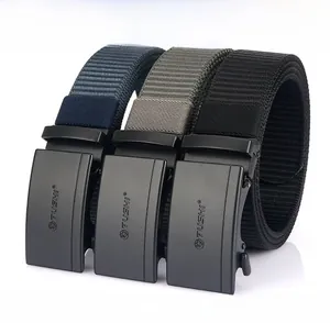 Three nylon tactical belts in navy, grey, and black with zinc alloy automatic buckles
