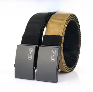 Detail of matte zinc alloy buckle and durable nylon fabric on tactical belts
