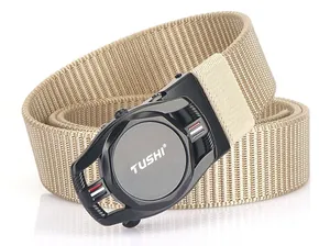 Detail of khaki nylon belt with matte black tactical buckle and brand logo engraving