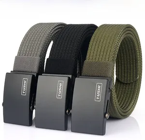 Three durable woven nylon belts in grey, black, and army green with metal automatic buckles