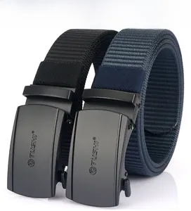 Close-up of matte alloy automatic buckles and textured nylon weave on men belts